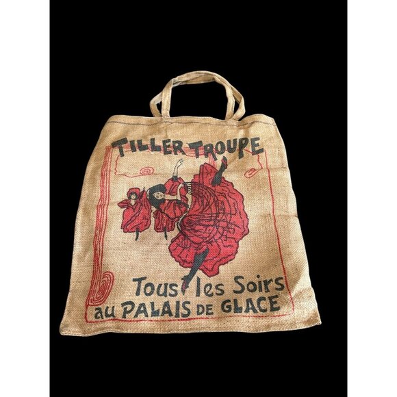 Vintage Market Bag Jute Burlap Tiller Troupe French Dancer Red Black Print NWOT - Picture 2 of 6